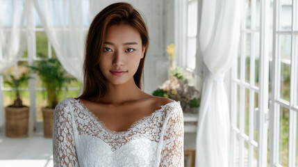 Young Japanese woman in white lace dress standing in bright room with natural light, serene and elegant atmosphere
