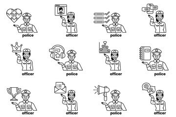 Fototapeta premium Set of illustrations of police and things in line art style