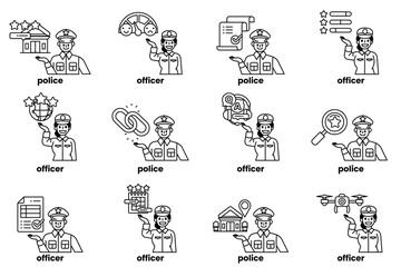 Set of illustrations of police and things in line art style