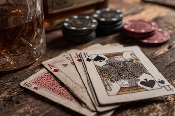 Deck of playing cards displaying Ace, King, and other values rests on a dusty saloon table with poker chips and a half-empty bottle of whiskey, creating a tempting gambling atmosphere