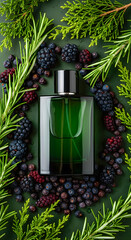 Fragrant green perfume bottle surrounded by fresh rosemary, cedar sprigs, and mixed berries on a green background.
