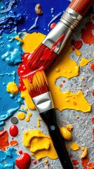 Close-up of textured abstract painting with bold strokes in blue, teal, red, and orange. A paintbrush lies diagonally, stained with color, highlighting vibrant process and texture.

