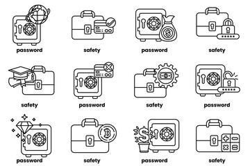 Set of illustrations of Business bags and safes in line art style
