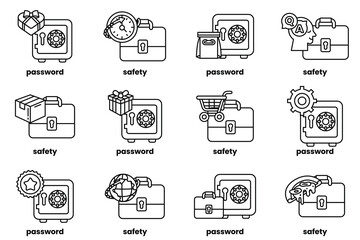 Set of illustrations of Business bags and safes in line art style
