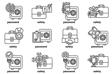 Set of illustrations of Business bags and safes in line art style
