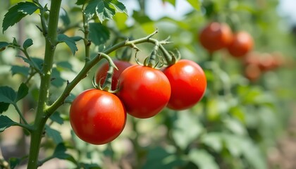 Close-up view of vibrant red ripe tomatoes growing on a lush green tomato plant in a sunny garden