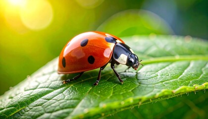 Fototapeta premium Ladybug Crawling on Leaf 