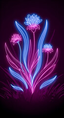 Floral elegance radiates from this luminous neon botanical arrangement with purple and blue hues against a dark backdrop.