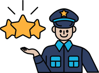 A man in a blue uniform holding up three stars