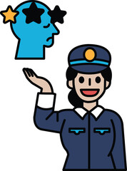 A woman in a blue uniform is holding up a hand with a star on it