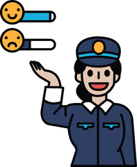 A woman in a blue uniform is holding a smiley face and a frowning face