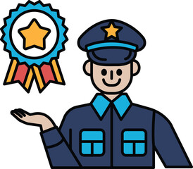 A man in a blue uniform holding a badge and a star