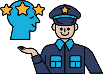 A cartoon of a man in a blue uniform holding up a head with three stars on it