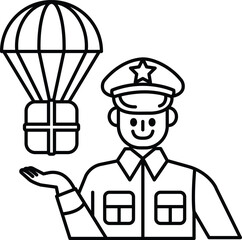 A man in a uniform holding a box with a parachute on top of it