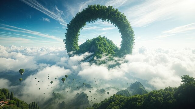 "Massive floating ring-shaped island covered in dense green forest, suspended above the clouds under bright sunlight in a fantasy sky."