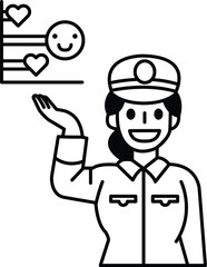 A woman in a uniform is holding up her hand with a smile on her face