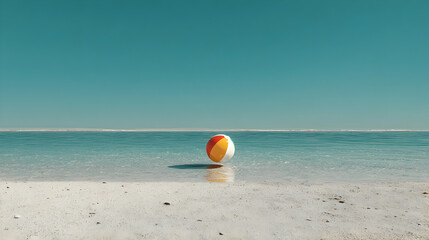 A beach ball sits on a sandy beach near calm ocean water.