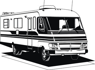 RV, travel trailer, camper, motor home, line art, black and white, illustration, recreational vehicle, fifth wheel, van camper, vintage RV 14