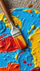 Close-up of textured abstract painting with bold strokes in blue, teal, red, and orange. A paintbrush lies diagonally, stained with color, highlighting vibrant process and texture.

