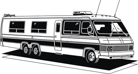 RV, travel trailer, camper, motor home, line art, black and white, illustration, recreational vehicle, fifth wheel, van camper, vintage RV 13