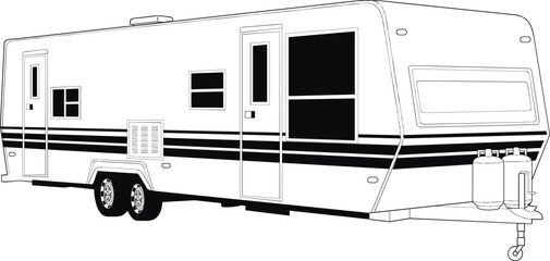 RV, travel trailer, camper, motor home, line art, black and white, illustration, recreational vehicle, fifth wheel, van camper, vintage RV 11
