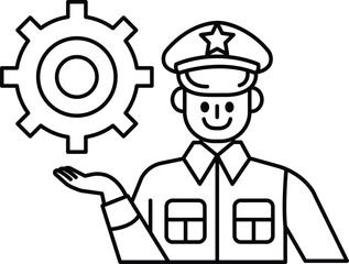 A man in a uniform is holding a gear and smiling