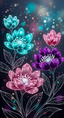Sparkling crystal blossoms flourish on a cosmic backdrop, presenting a floral fantasy in shades of turquoise, purple, and pink.