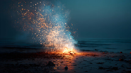 Abstract image of glowing particles falling onto a dark water surface.