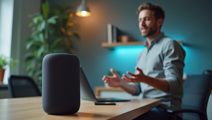 Fototapeta premium Man interacting with smart speaker. Home assistant technology for voice control. Smart home automation and artificial intelligence for future living.