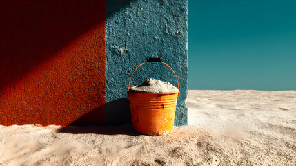 An orange bucket sits against a blue wall on a sandy surface.