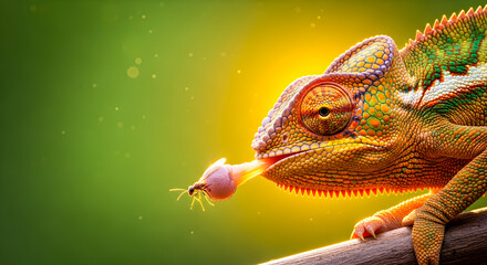 A vibrant chameleon extends its tongue to catch a small insect against a soft green and yellow backdrop.