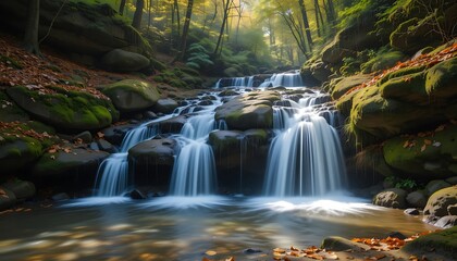 Serene Autumn Waterfall in Mossy Forest, Cascading Water over Rocks