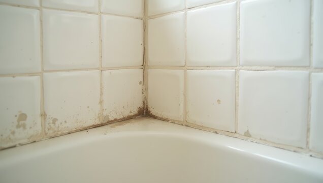 Mold and mildew growth on white bathroom tile corner and bathtub in an old, dirty, and unhygienic washroom.