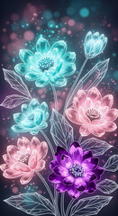Dazzling digital flowers bloom with vibrant colors and crystal outlines against a softly bokeh background for a striking effect.