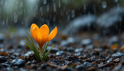 A Single Orange Crocus Blooming in the Rain, Close-Up View with Pebbles