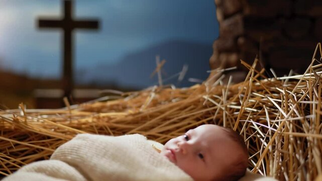 The baby Jesus lies in a manger on hay, with a cross in the background. Christian concept: from the Nativity to the Crucifixion.