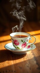 Fototapeta premium Steaming Vintage Teacup with Rose Pattern on Wooden Table