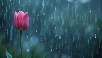 A single pink tulip stands tall amidst a gentle rain shower, showcasing the beauty of nature's resilience and delicate details.