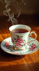Fototapeta premium Steaming Vintage Teacup with Rose Pattern on Wooden Table