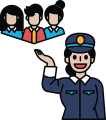 A woman in a blue uniform is holding her hand up in the air