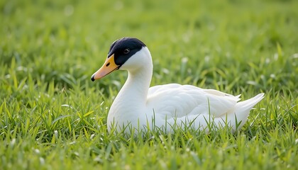 Close-up view of a beautiful white-bodied duck with a black head resting peacefully in lush green grass