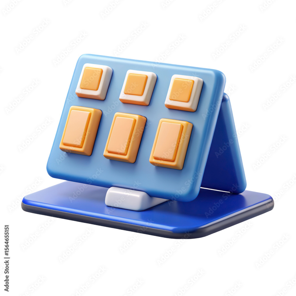 Poster stylized 3d rendering icon of a stand-up tablet or calendar displaying button style icons against a 