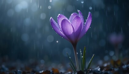 A single purple crocus flower in the rain, a breathtaking macro shot of nature's beauty.