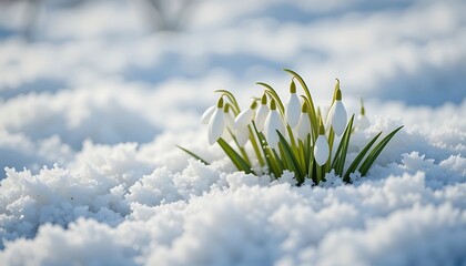 Stunning Close-up of Delicate Snowdrops Emerging from a Blanket of Sparkling Snow in Winter
