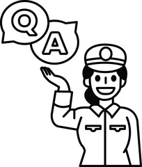 A woman in a uniform is holding up a Q and A sign