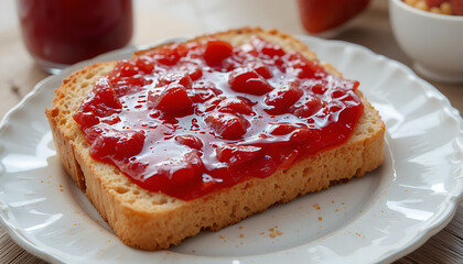 A close-up of a slice of bread with strawberry jam covering the surface, on a simple white plate with a neutral background, emphasizing the jam's texture. 4K and HD image.