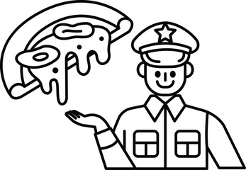 A man in a uniform is holding a slice of pizza