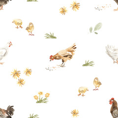 Watercolor cute pattern with chicken and flowers.
