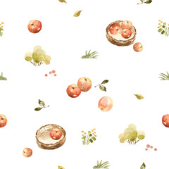 Watercolor pattern with apples in a basket. Background for textiles or home decor.