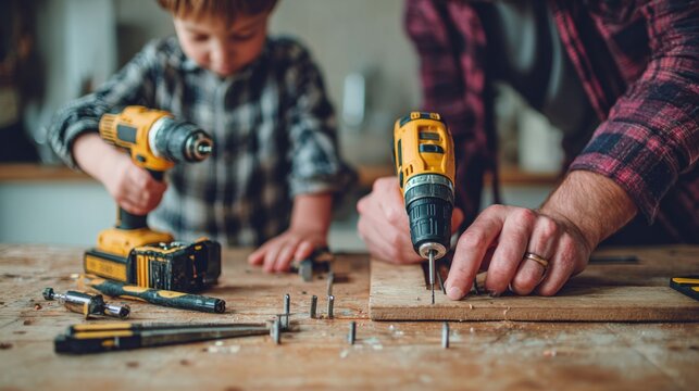 A Hands-On Learning Experience: A Parent and Child Engaged in Woodworking Activities with Tools, Fostering Creativity and Practical Skills